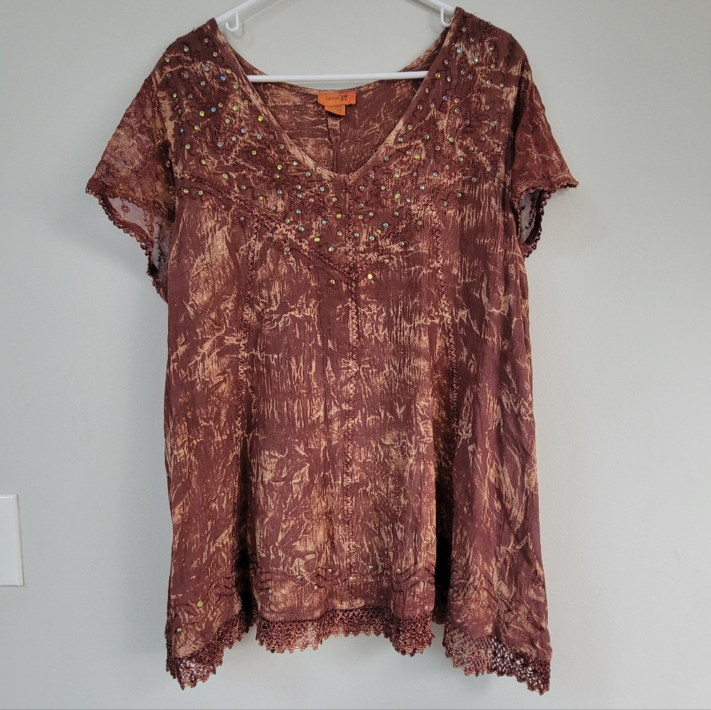 Sakkas Tie Dye Embroidered Top Women's Size XL Hippie Forest Fairy Bohemian
